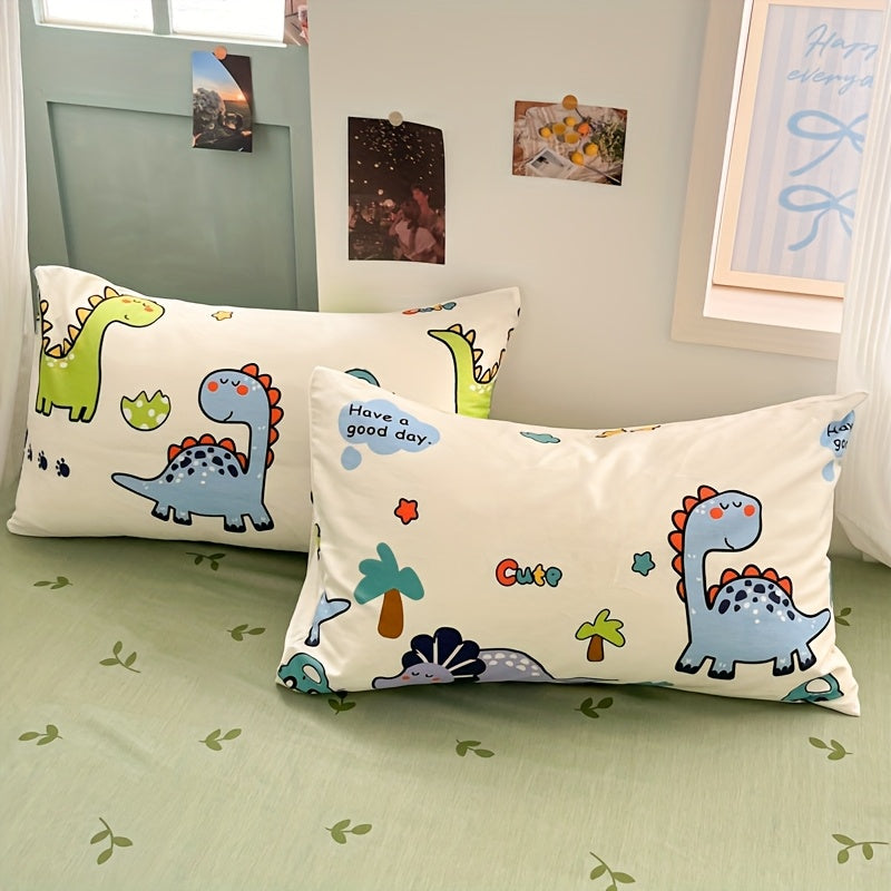 Vier Jahreszeiten Hautfreundlicher Druck Dinosaurier Park Fleece Set, 100% Baumwolle, Inklusive 1 Bettdecke + 2 Kissenbezüge + 1 Spannbettlaken, Weich und atmungsaktiv, Schweißableitend, Einfach aber elegant, Maschinenwaschbar