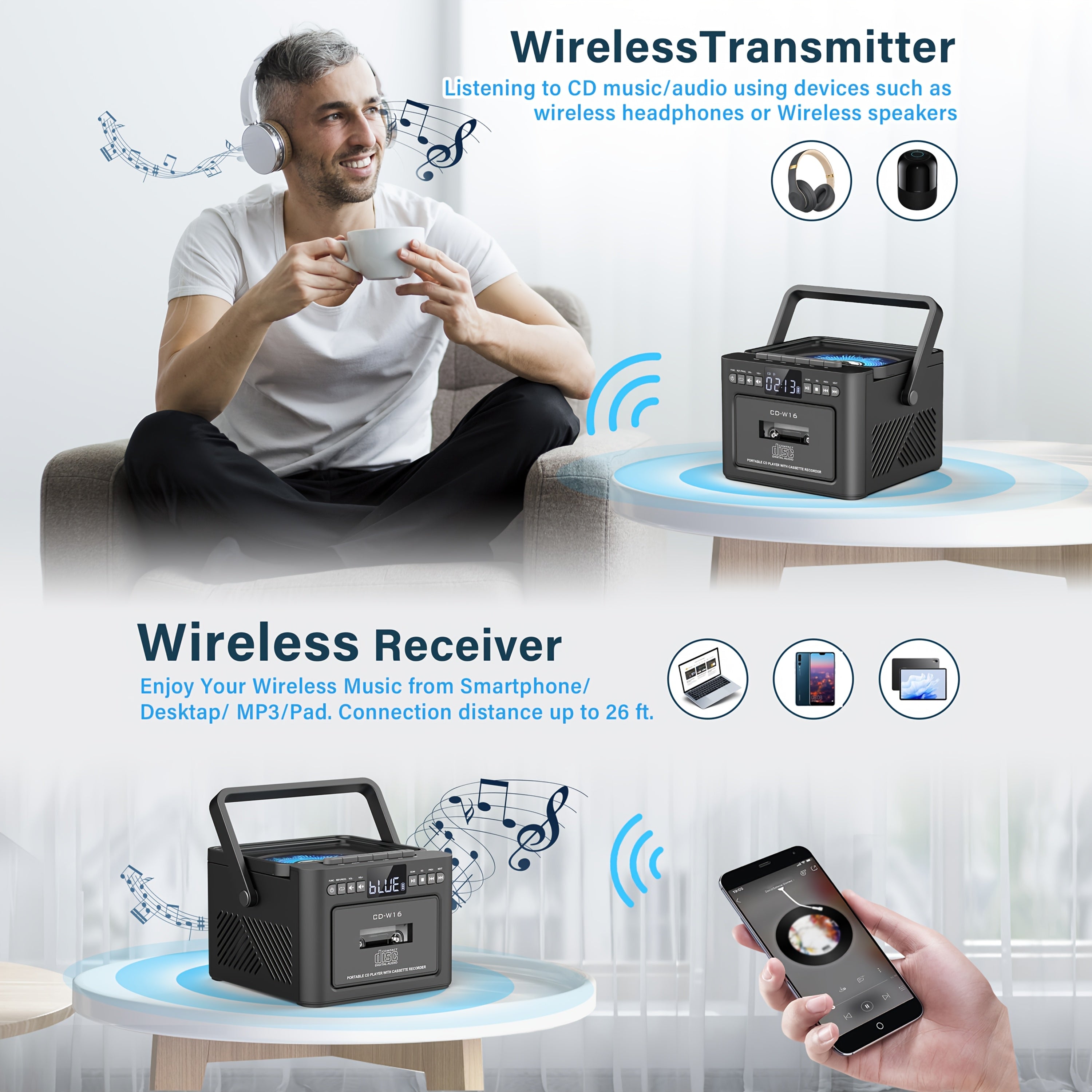 CD Cassette Player Boombox with 5000mAh