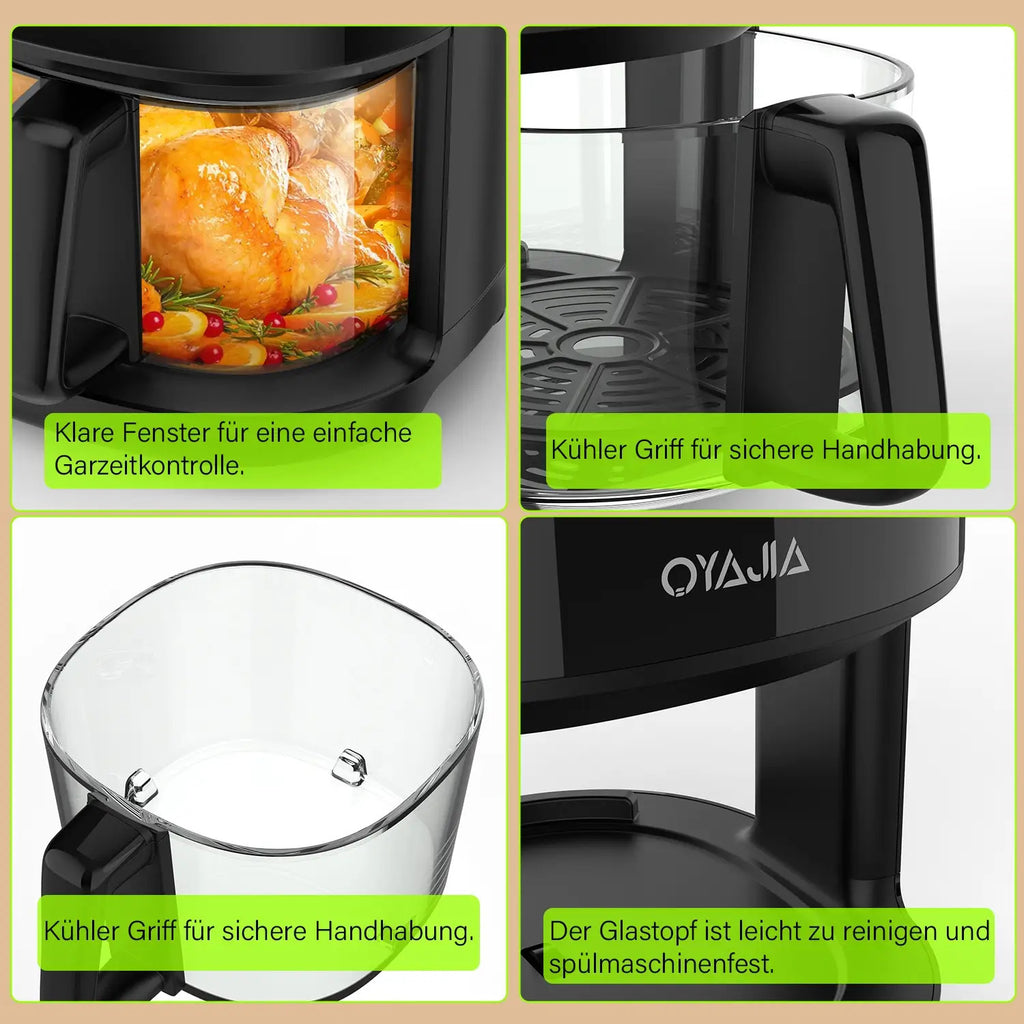 5L Großvolumige Heißluftfritteuse, Glas-Korb-Design, 1800W, 8 Touch-Voreinstellungen, Leicht zu Reinigen, Gesundes und Ölfreies Braten, Geeignet für Familientreffen & Küchengebrauch