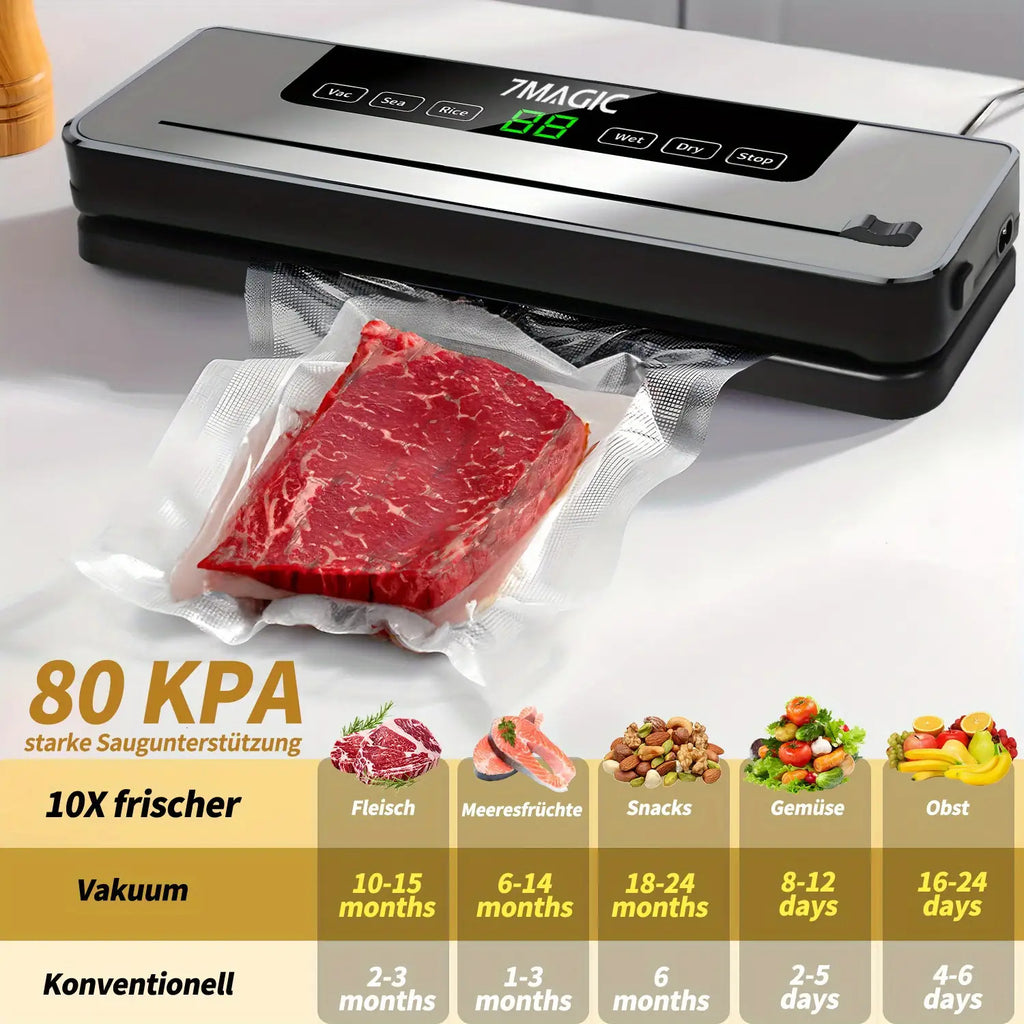 Vakuumiergerät mit 20 Vakuumbeuteln, 80KPA für Trocken- und Nasskonservierung, Automatisches Versiegelungssystem – Schnelle Kompakte Lebensmittelverpackungsmaschine, Multifunktionaler Kraft-Versiegler zur Frischhalteaufbewahrung