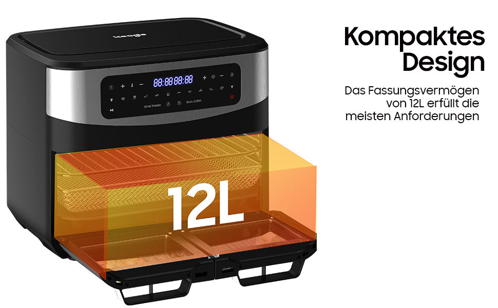 Heißluftfritteuse Doppelkammer Airfryer 12L - Heissluftfriteuse XXL Friteuse mit Sichtfenster, LED Touchscreen, 2 Fächer, 10 Programmen, Sync Finish & Dual Cook, Dörrer Funktion, 2600W