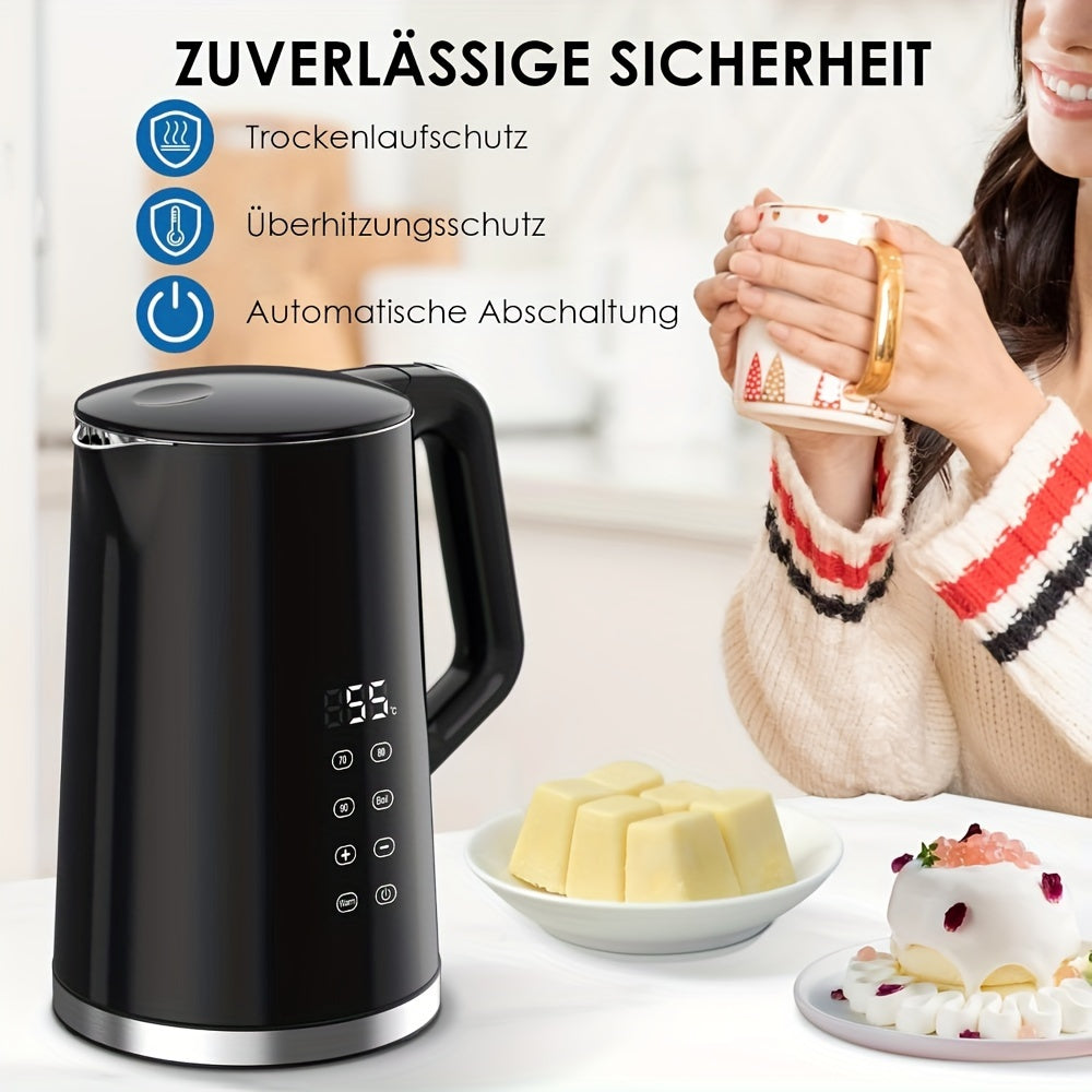 1.7L Stainless Steel Electric Kettle with Digital Temperature Control (40-100°C), Double-Wall Insulated, Dry Run Protection, BPA-Free, Black - Perfect for Home and Commercial Use