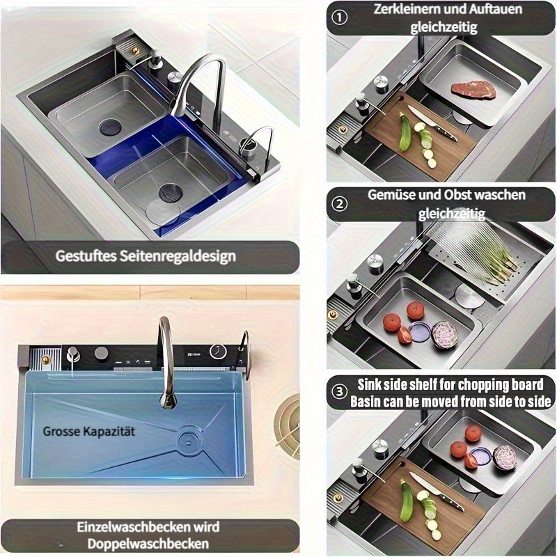 Digitale Wasserfall-Spüle Einzelbecken Küchenspüle Größe 75x45cm Schwarz Edelstahl Küchenspüle Multifunktionaler Digitaldisplay Abziehbarer Sprüherarmatur Intelligente Moderne Küchenspüle mit Komplettem Zubehör Rechts Abfluss Langlebig für Küche und Resta