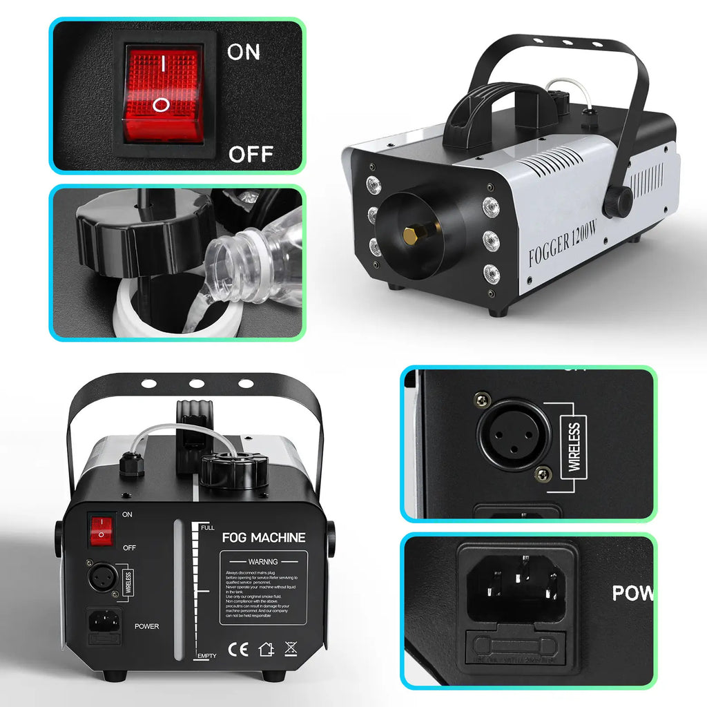 1200W Nebelmaschine mit RGB 6-LED-Beleuchtung, Rauch- und Nebelgenerator für Bühneneffekte | Professionelle Bühnenausrüstung für Theater, Heimunterhaltung, Halloween-Partys, DJs, Nachtclubs und Hochzeiten
