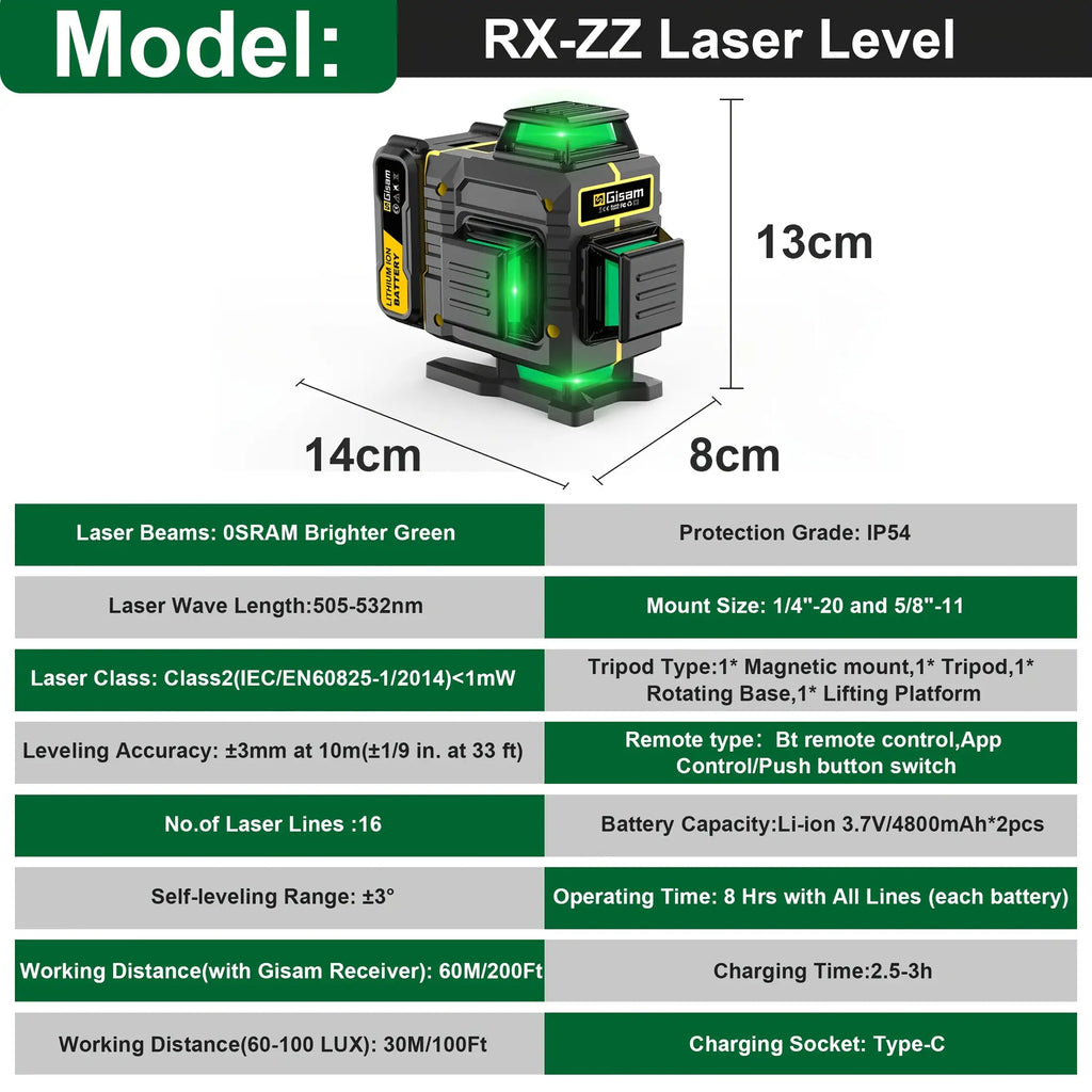4D Laser-Nivelliergerät mit 16 Linien, Kreuzlaser, 360° Selbstnivellierung, Magnetische Halterung und Tragebox für 2 Akkus