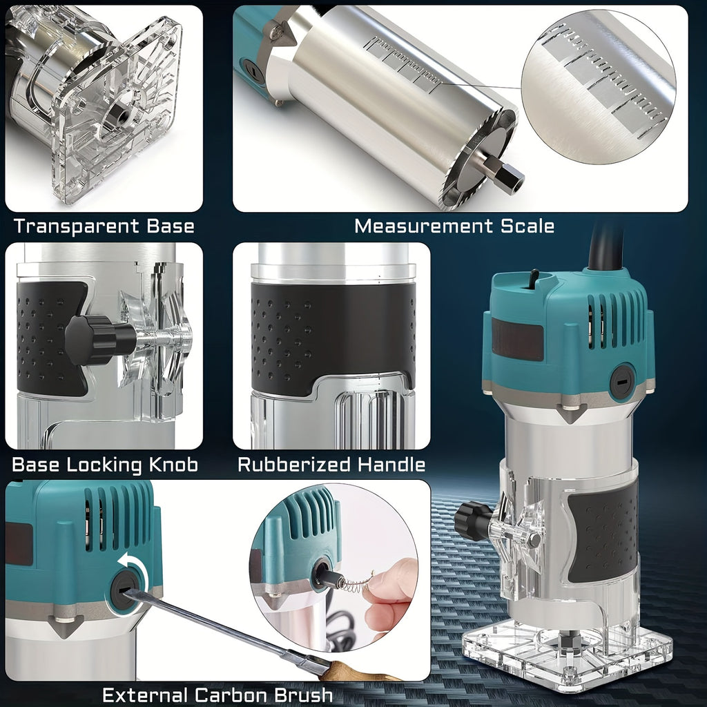 30000 U/min, 800 W Holzfräsmaschine für Schnitzen, Fräsen, Trimmen, Rillen, 1/4 Zoll Spannfutter + präzise Tiefenverstellung, elektrischer Holzschneider, Tischler-Elektrowerkzeug, Fräser-Set (15 Stk.), geeignet für DIY