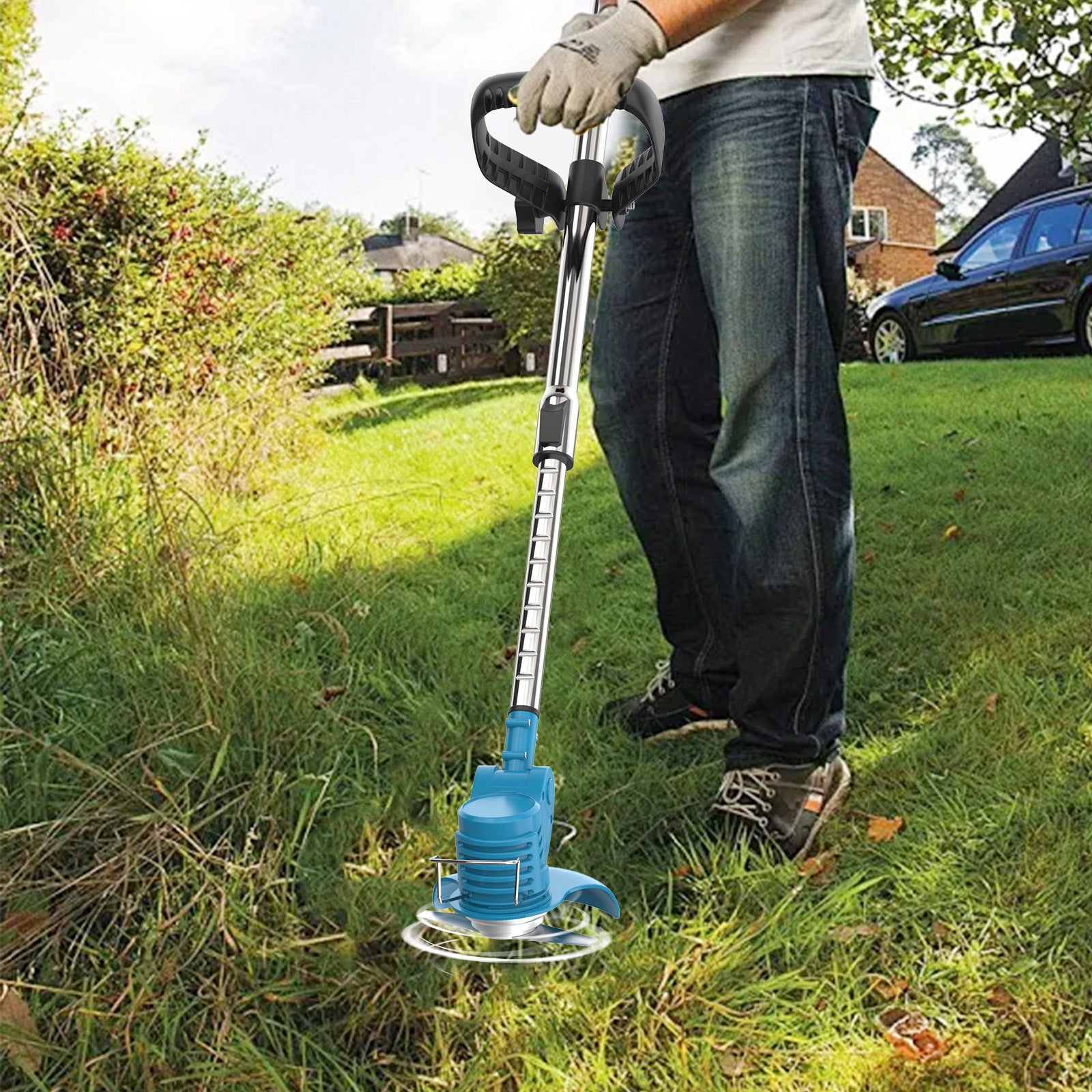 Kabelloser Strimmer mit 2 Akkus, Rasenmäher für den Garten, elektrischer Rasenmäher mit Metallklingen, 90° Kopfrotation, Bürstenrasenmäher zum Reinigen von Unkraut und Rasen