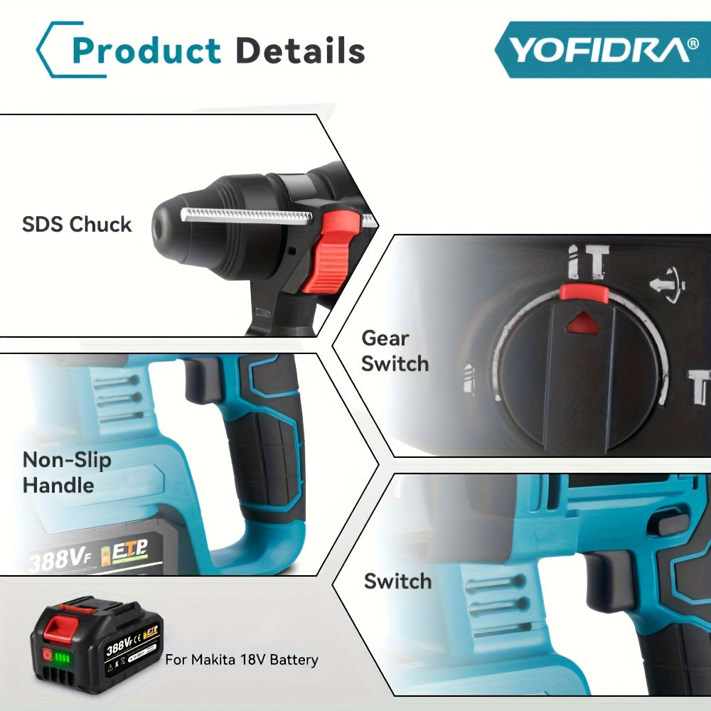 Brushless Elektro-Hammerbohrer, 26mm mit Bohrer, 4-Gang Akku-Schlagbohrmaschine für Beton, Stahl und Holz, kompatibel mit YOFIDRA-Akku