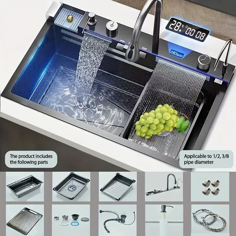 Digitale Wasserfall-Spüle Einzelbecken Küchenspüle Größe 75x45cm Schwarz Edelstahl Küchenspüle Multifunktionaler Digitaldisplay Abziehbarer Sprüherarmatur Intelligente Moderne Küchenspüle mit Komplettem Zubehör Rechts Abfluss Langlebig für Küche und Resta