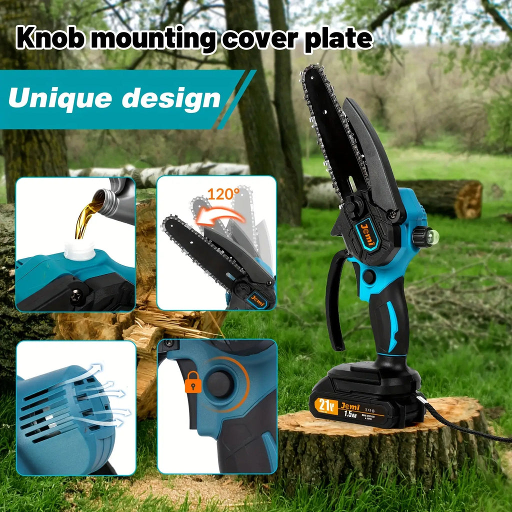 Jemi Tool 6-Zoll-Mini-Kettensäge mit automatischer Schmiersystem, 1/2 * 1.5Ah Akku, mit 1/2 Kette für Holzbearbeitung, Zweigschneiden, Gartenpflege