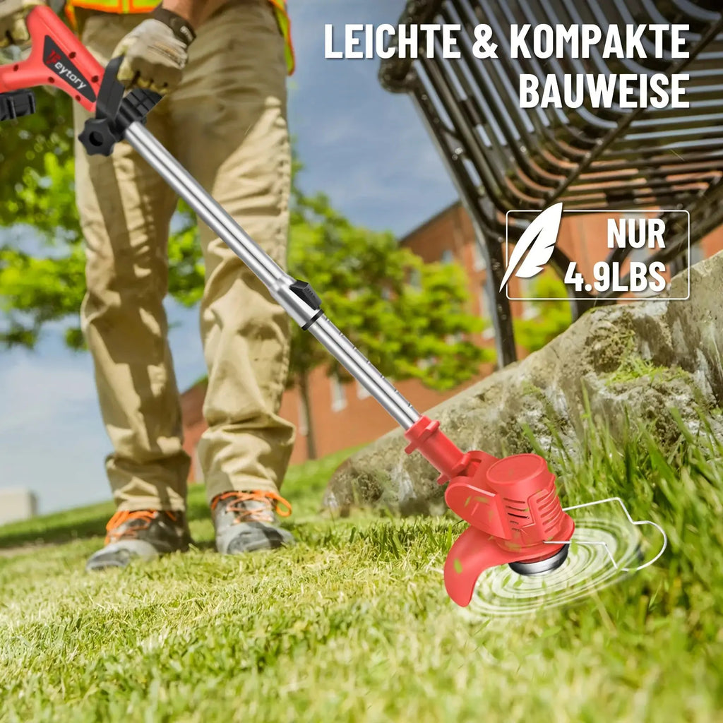 21V Akku-Elektro-Trimmer mit Akku und Messern, Teleskopfaltbare 90° Drehkopf, Batteriebetrieben, für Garten, Rasen und Ackerland
