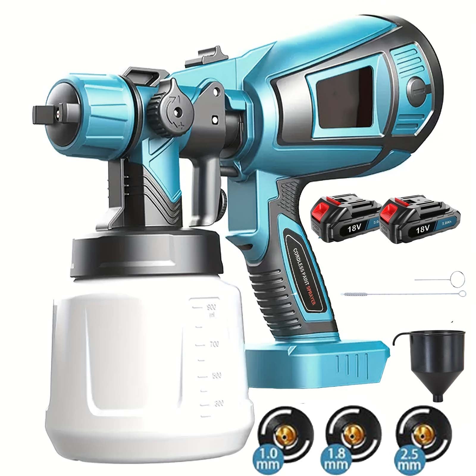 Battery Paint Spray System, Compatible with Makita 18 V Batteries, Electric Paint Spray Gun with 2x Batteries,Fast Charger,3 Nozzles, 3 Spray Patterns, with Removable 1000 ml Paint Bucket, for Painting