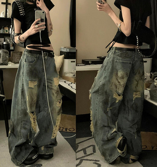 Large size American retro wasteland wind ink splashing ripped jeans women's summer new washed drape straight mopping pants