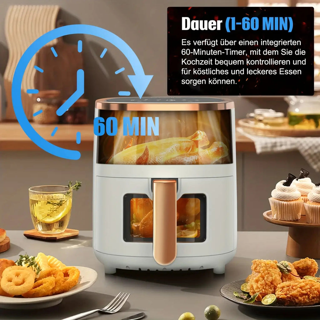5L Großvolumige Heißluftfritteuse, Glas-Korb-Design, 1800W, 8 Touch-Voreinstellungen, Leicht zu Reinigen, Gesundes und Ölfreies Braten, Geeignet für Familientreffen & Küchengebrauch