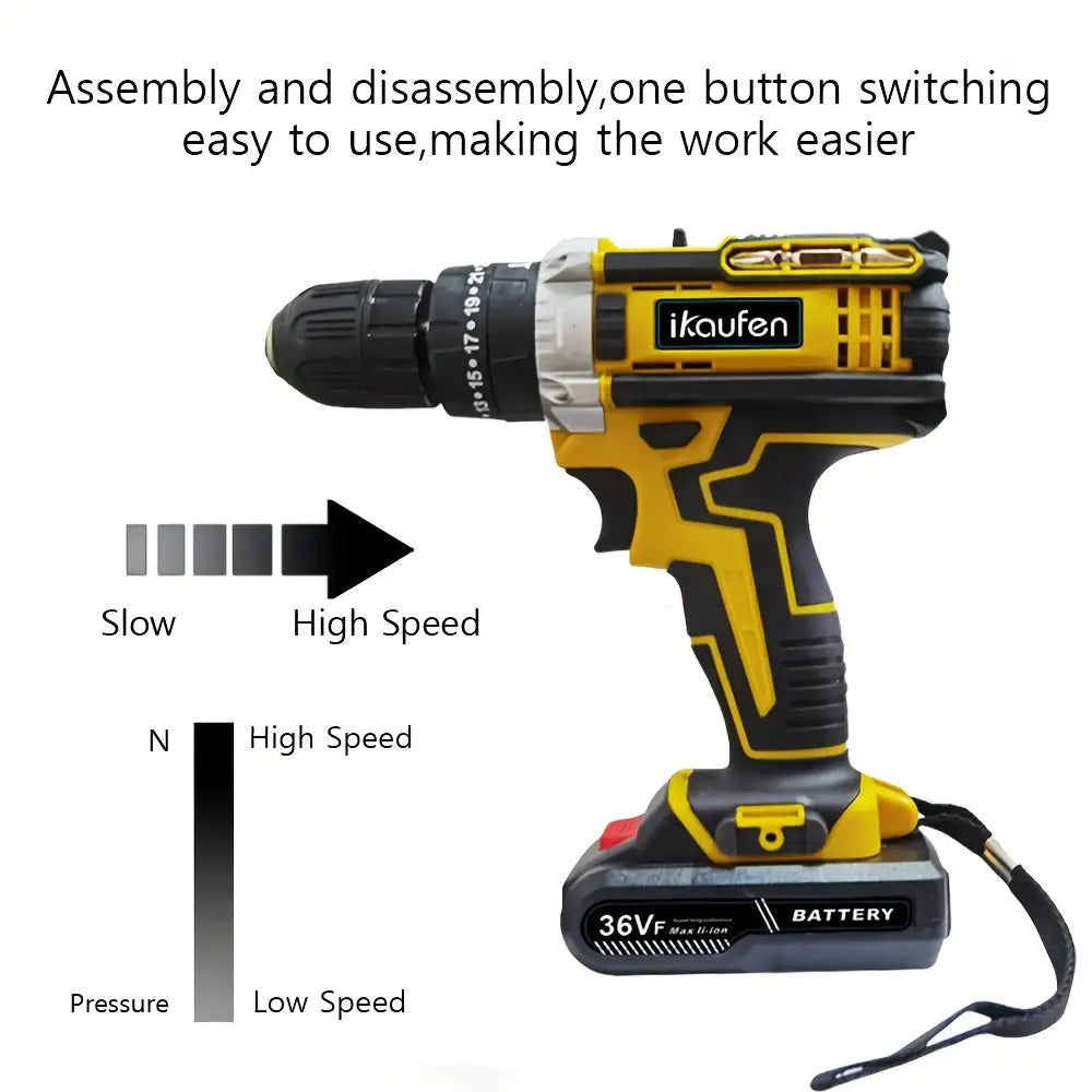 3-in-1 Schwarzer Impact-Bohrer mit 36V wiederaufladbarem Akku, Kapazität 2,0Ah und 2,0Ah/1,0Ah Kombipack - ergonomische Handhabung, LED-Licht, 12+ Zubehör für Heimwerker, Bau, DIY-Projekte, Baugeräte, schlanker Werkzeugdesign, langlebige Konstruktion