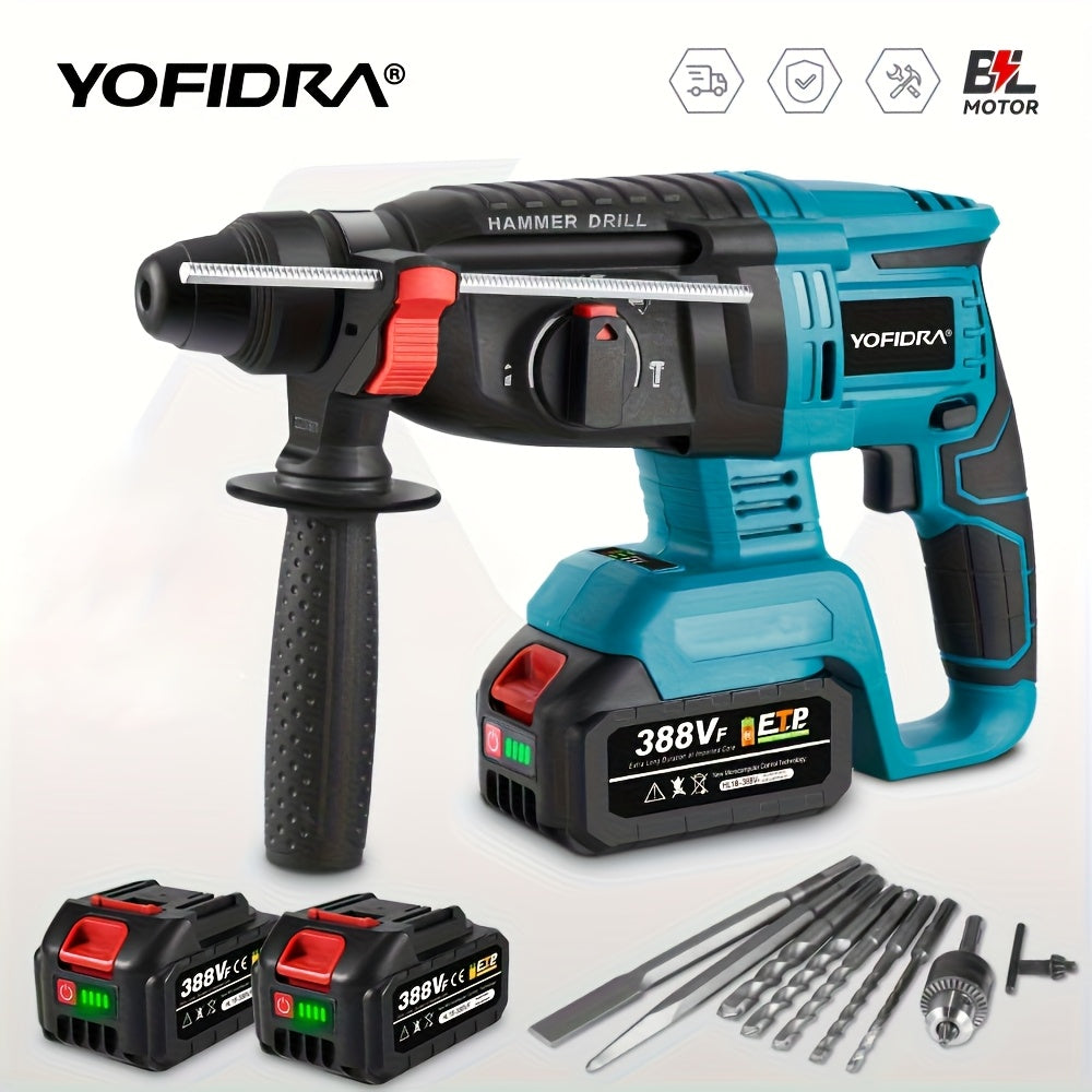 Brushless Elektro-Hammerbohrer, 26mm mit Bohrer, 4-Gang Akku-Schlagbohrmaschine für Beton, Stahl und Holz, kompatibel mit YOFIDRA-Akku