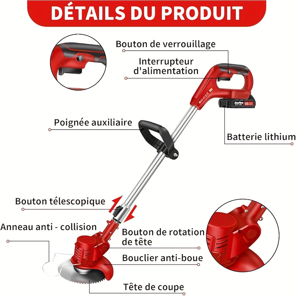 21V Akku-Elektro-Trimmer mit Akku und Messern, Teleskopfaltbare 90° Drehkopf, Batteriebetrieben, für Garten, Rasen und Ackerland