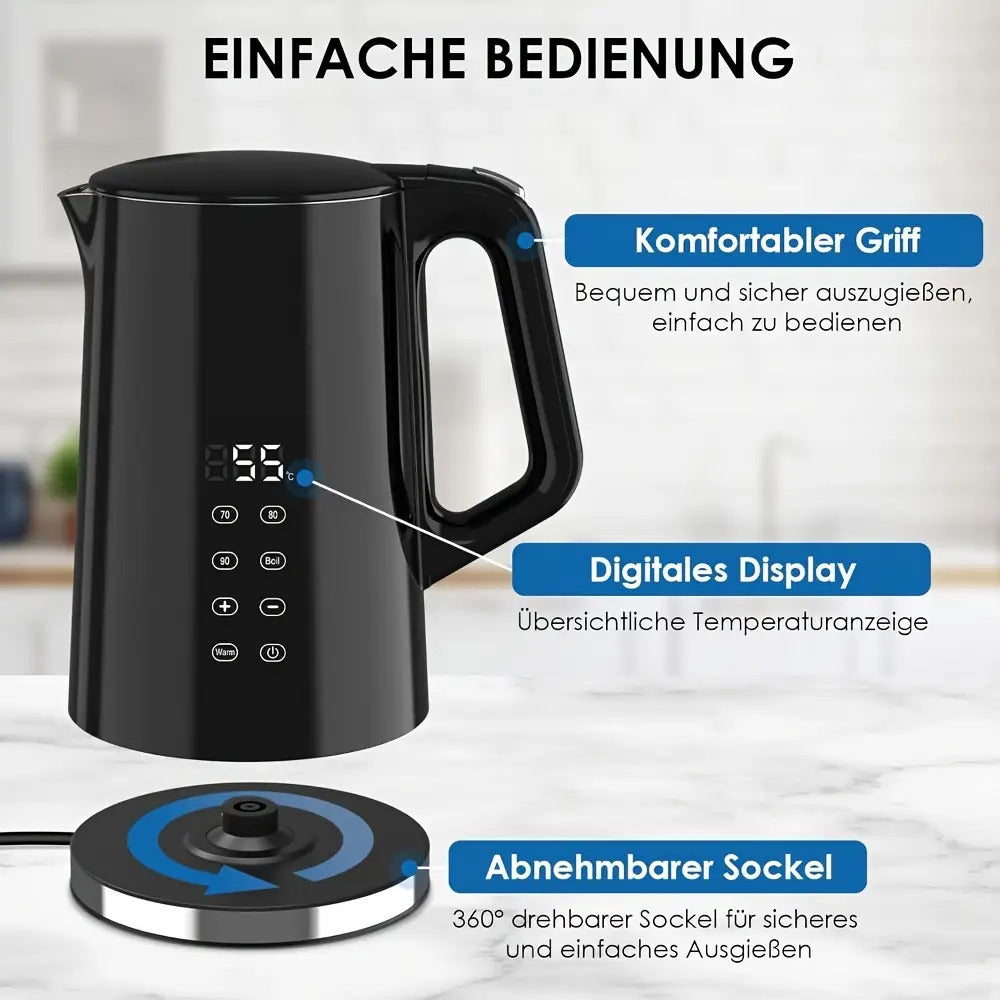 1.7L Edelstahl-Elektrischer Wasserkocher mit Digitaler Temperaturregelung (40-100°C), Doppelwandig Isoliert, Trockenlaufschutz, BPA-frei, Schwarz - Perfekt für den Hausgebrauch und den Gewerbegebrauch
