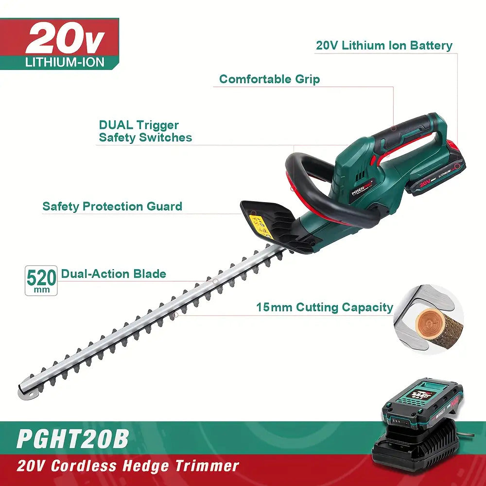 POSENPRO 20V Akku-Gehölztrimmer mit 52 cm Klingenlänge & 15 mm Zahnabstand - 2,0 Ah Lithium-Ionen-Akku, 1H Schnellladegerät, ergonomischer Griff für hohe Hecken und Sträucher – EU-Stecker Gartengeräte, effizientes Design, langlebige Konstruktion