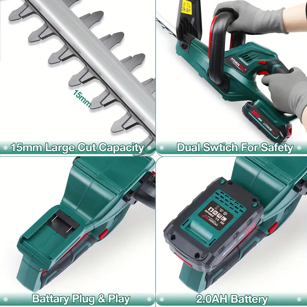 POSENPRO 20V Akku-Gehölztrimmer mit 52 cm Klingenlänge & 15 mm Zahnabstand - 2,0 Ah Lithium-Ionen-Akku, 1H Schnellladegerät, ergonomischer Griff für hohe Hecken und Sträucher – EU-Stecker Gartengeräte, effizientes Design, langlebige Konstruktion