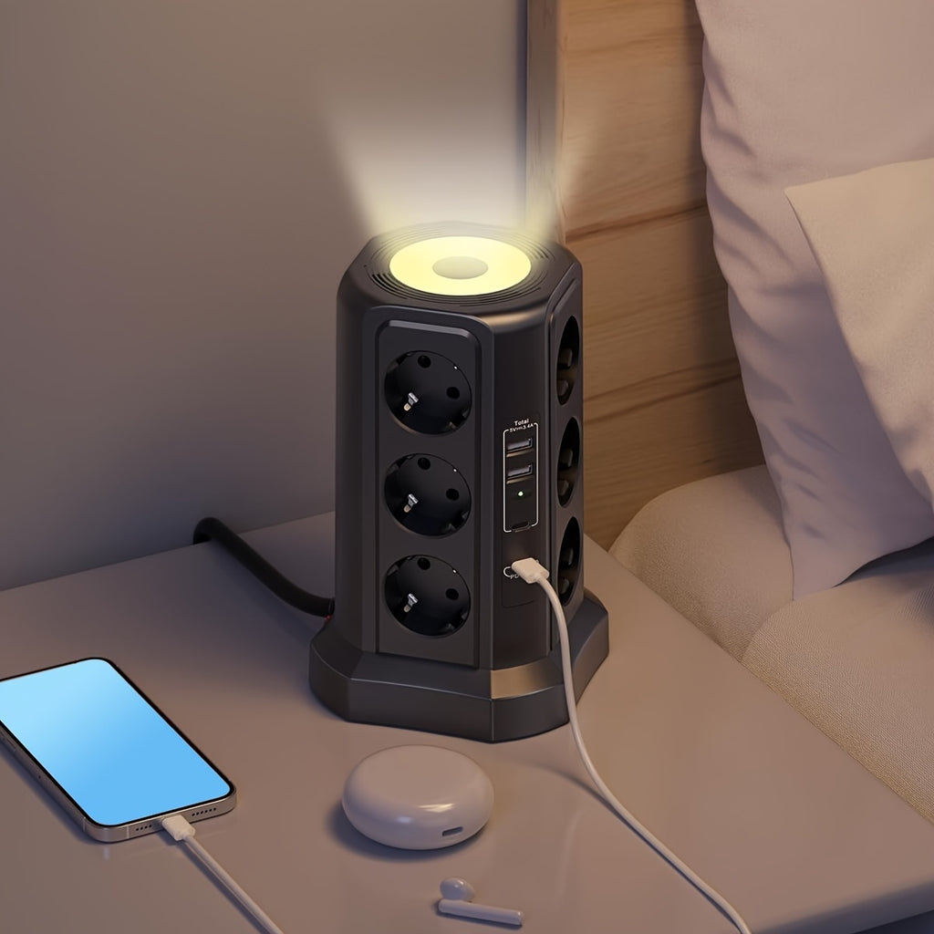 12-Fach Steckdosenleiste (4000W/16A) mit USB-C PD 20W, Turmsteckdose, Spannungsschutz, 4 USB-Anschlüssen und 2m Verlängerungskabel – Mehrfachsteckdose für Zuhause & Gewerbe
