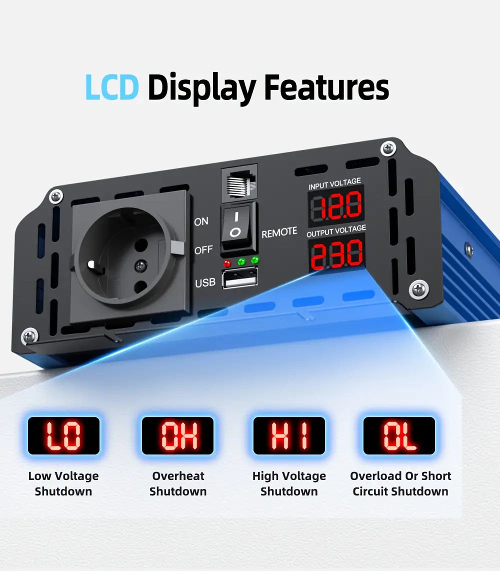 FLAMEZUM 3000W-6000W DC12V/24V zu 220V reiner Sinuswell-Wechselrichter mit LCD-Fernbedienung, EU-Steckdose und AC-Ausgang für Auto, Wohnmobil, Solarpanel - Kompaktes Design, keine Batterie erforderlich, Wechselrichter für Solarpanele, elektrische Upgrade
