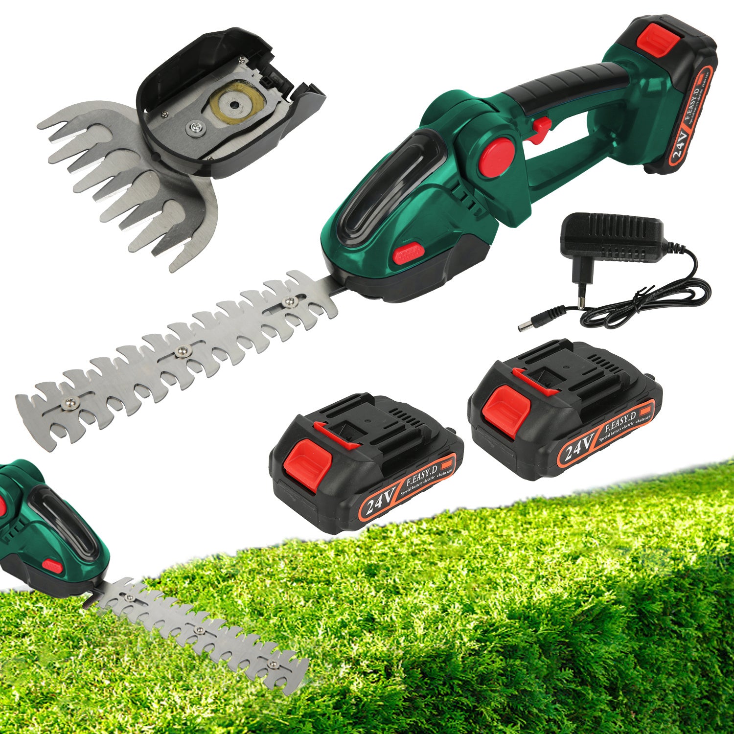 1 Set 24V Electric Hedge Trimmer with Battery, Household 2-in-1 Grass and Shrub Trimmer, 90° Adjustable, Cordless Rechargeable Shrub Scissors, Weeding Pruning for Garden Lawn