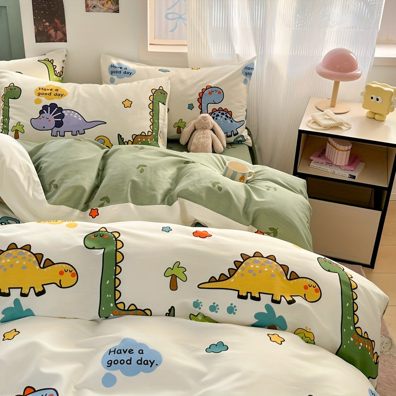 Vier Jahreszeiten Hautfreundlicher Druck Dinosaurier Park Fleece Set, 100% Baumwolle, Inklusive 1 Bettdecke + 2 Kissenbezüge + 1 Spannbettlaken, Weich und atmungsaktiv, Schweißableitend, Einfach aber elegant, Maschinenwaschbar