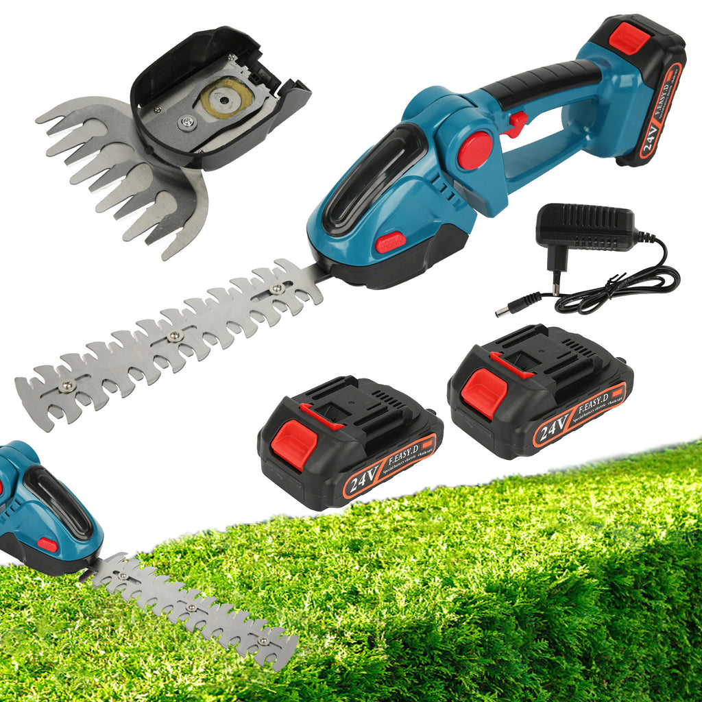1 Set 24V Electric Hedge Trimmer with Battery, Household 2-in-1 Grass and Shrub Trimmer, 90° Adjustable, Cordless Rechargeable Shrub Scissors, Weeding Pruning for Garden Lawn