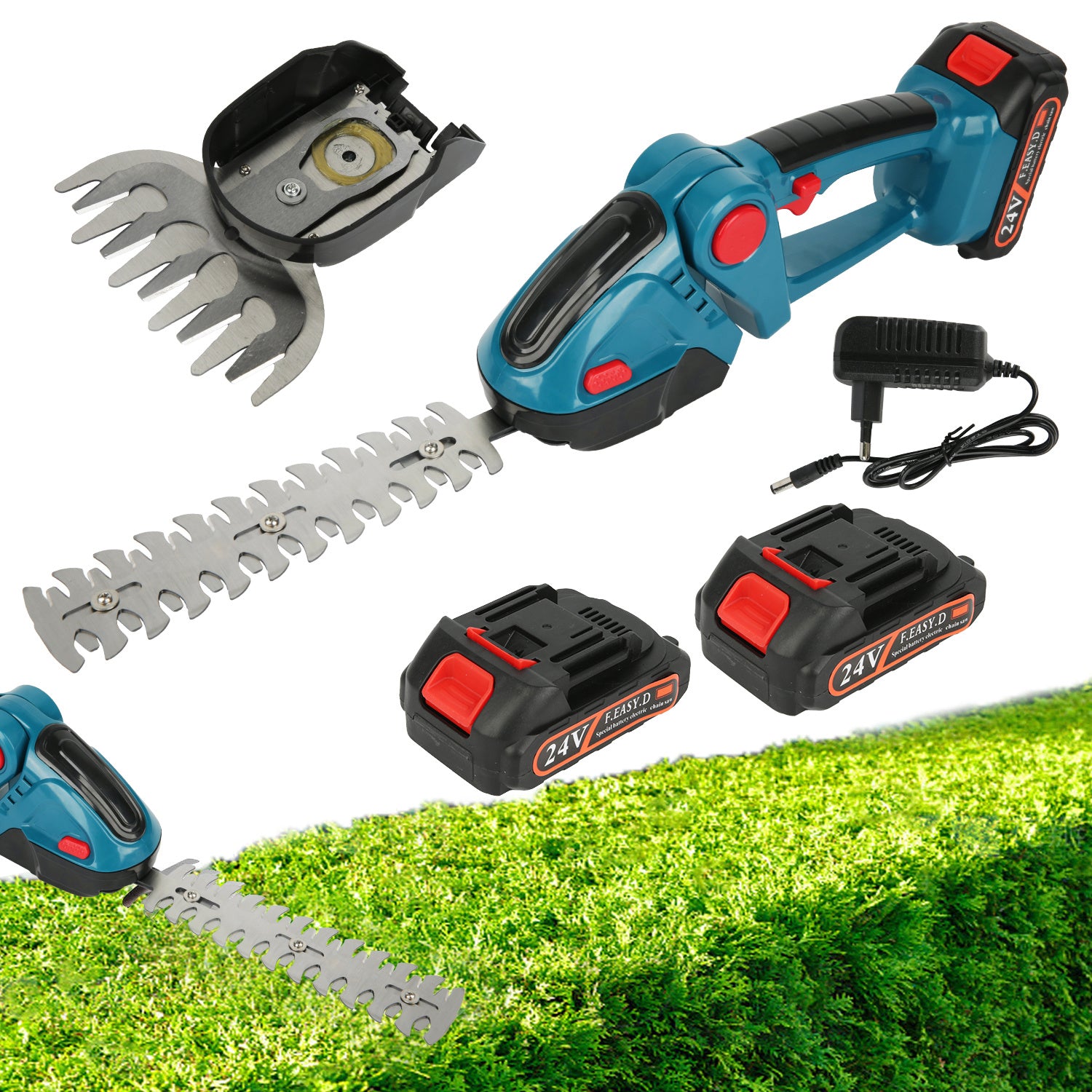 1 Set 24V Electric Hedge Trimmer with Battery, Household 2-in-1 Grass and Shrub Trimmer, 90° Adjustable, Cordless Rechargeable Shrub Scissors, Weeding Pruning for Garden Lawn