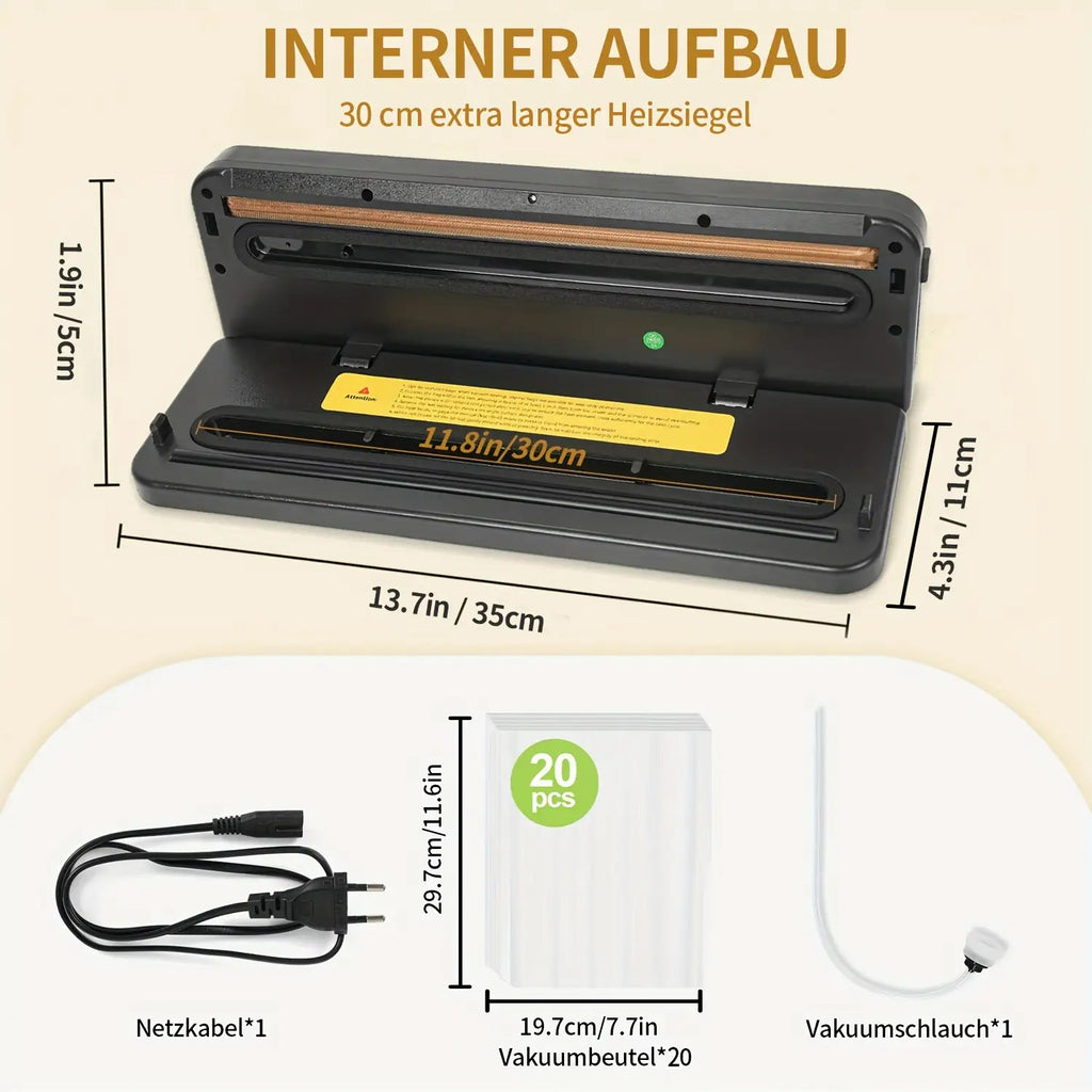 Vakuumiergerät mit 20 Vakuumbeuteln, 80KPA für Trocken- und Nasskonservierung, Automatisches Versiegelungssystem – Schnelle Kompakte Lebensmittelverpackungsmaschine, Multifunktionaler Kraft-Versiegler zur Frischhalteaufbewahrung
