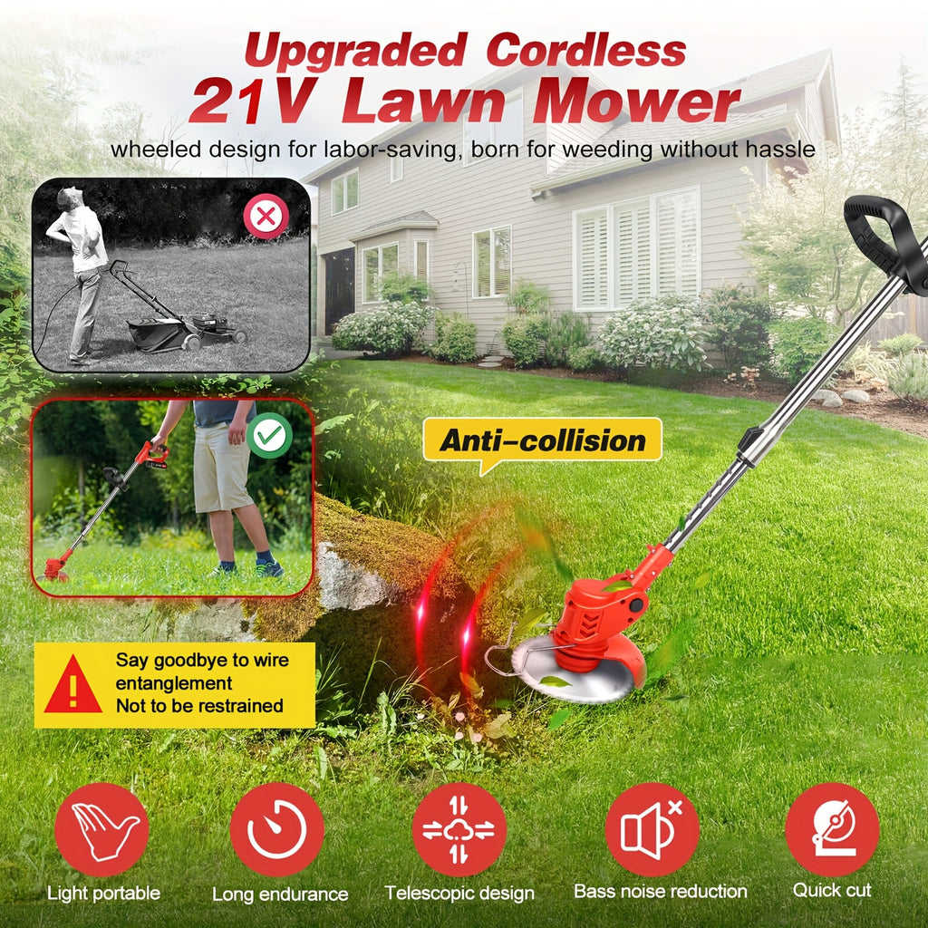 Cordless Weed Wacker, 21V Electric Weed Cordless Eater with 2X 2.0Ah Battery Powered, 3 Types Blade, 3in 1 Stringless Grass Trimmer/Edger/Brush Cutter for Lawn, Garden, Yard Care