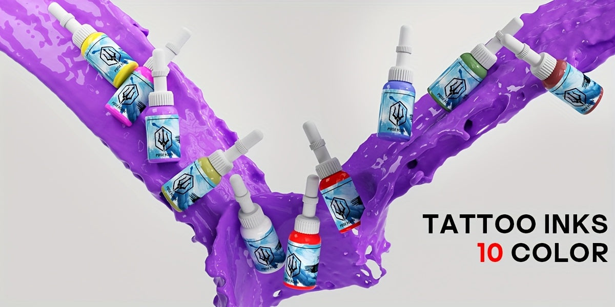 POSEIDON Tattoo-Maschinen-Set Komplettset mit 20 Tätowier-Nadeln, 1500mAh Akku, kabellose Tätowiermaschine inklusive 11 Tinten – Perfekt für Anfänger und professionelle Künstler