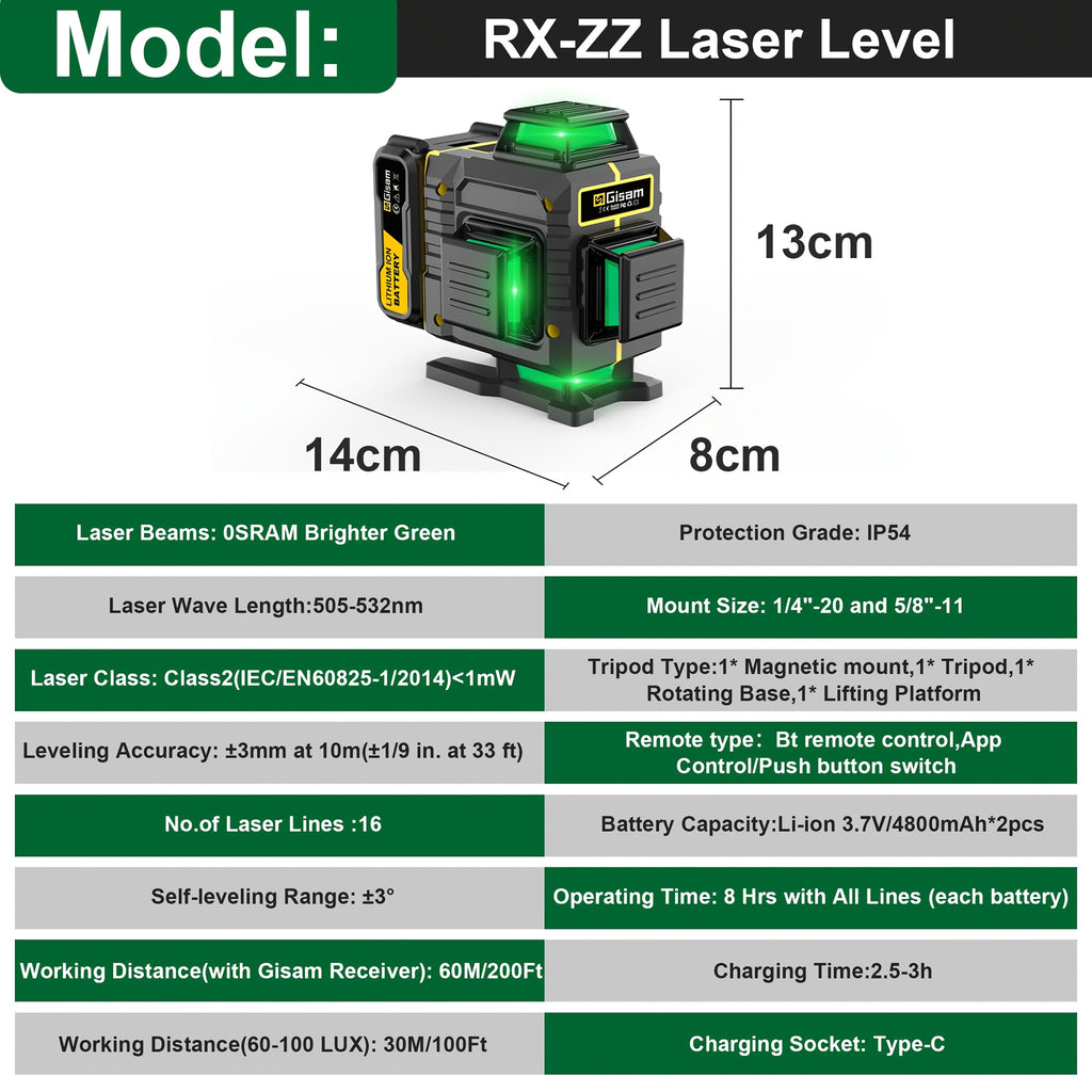4D Laser Level 16 Line Cross Laser 360 Self Leveling Platform Magnetic bracket 2 Battery Carrying Box Set