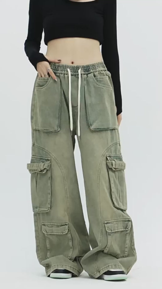 American three-dimensional multi-pocket washing jeans street retro loose wide-leg casual trousers