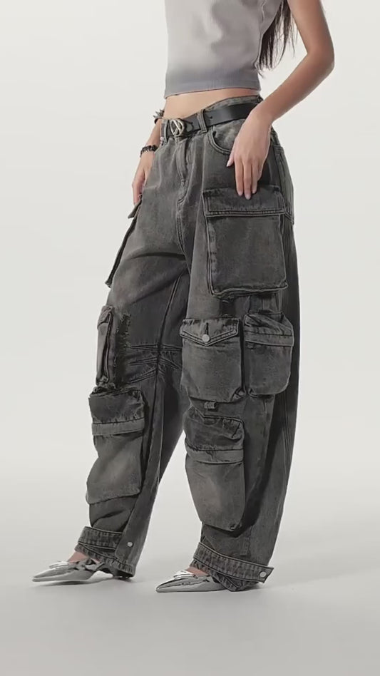 [The same style as the star] Multi-pocket fried salt jeans tooling heavy industry washed ripped pants
